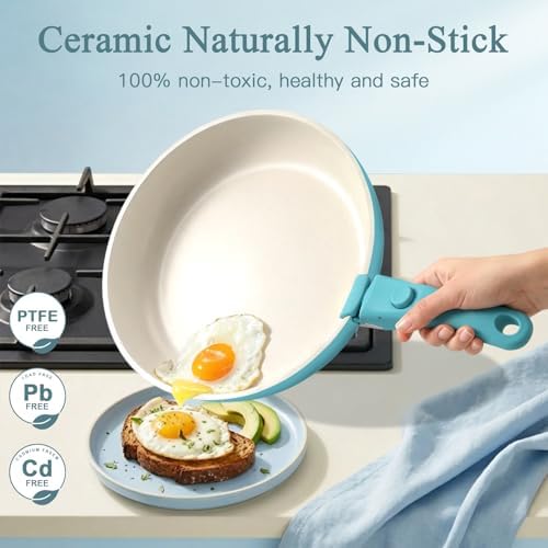 GIPP 5pcs Pots and Pans Set Non Stick, Nonstick Cookware Set Detachable Handle, Ceramic Pots for Cooking Non Stick with Removable Handle, RV Cookware Set for All Stoves, Light Blue Gradient