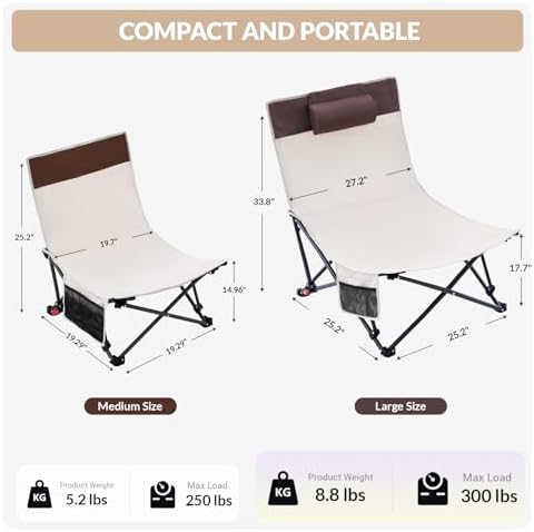 2 Pack Beach Chairs Oversized High Back Beach Reclining Chair with Adjustable Backrest Low Folding Camping Chairs for Beach, Lawn, Outdoor