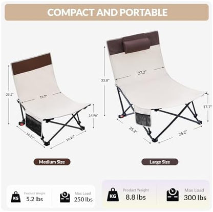 2 Pack Beach Chairs Oversized High Back Beach Reclining Chair with Adjustable Backrest Low Folding Camping Chairs for Beach, Lawn, Outdoor