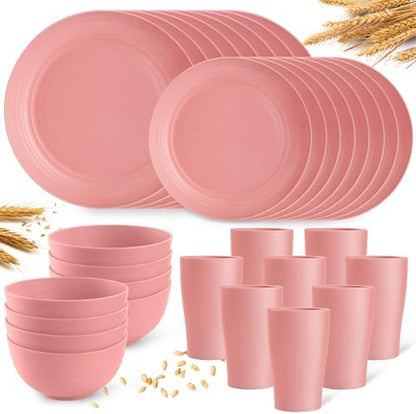 Pink Dinnerware Sets for 8,Pink Plates and Bowls Sets Plastic,Wheat Straw Dinnerware Sets Unbreakable Microwave Safe Lightweight,32 Pcs Christmas Dishes Set for Elderly Kitchen Outdoor