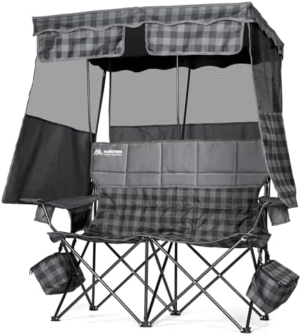 Padded Double Camping Chair With Canopy,Folding Chair Support 450LBS, Grey