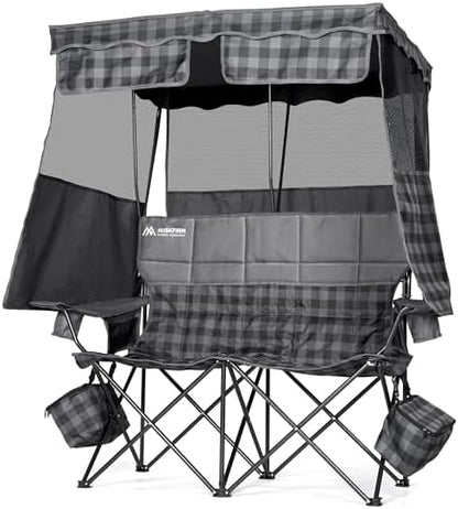 Padded Double Camping Chair With Canopy,Folding Chair Support 450LBS, Grey