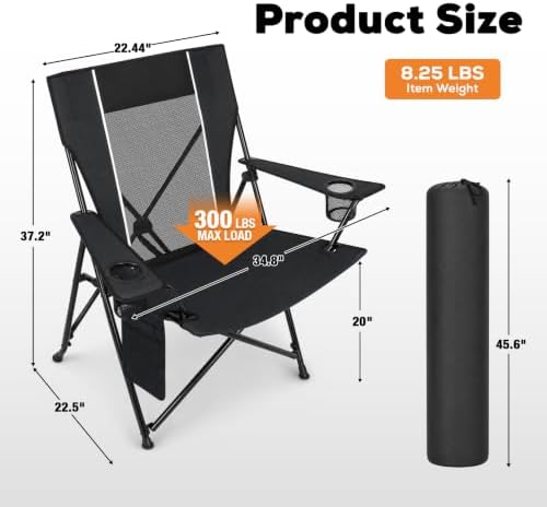 Romswi Portable Folding Camping Chair for Adults, Heavy Duty Outdoor Sports Chair with Dual Cup Holders, Side Pocket and Carry Bag, Camping Chair for Lawn, Beach, Fishing, Picnic and Tailgating,Black
