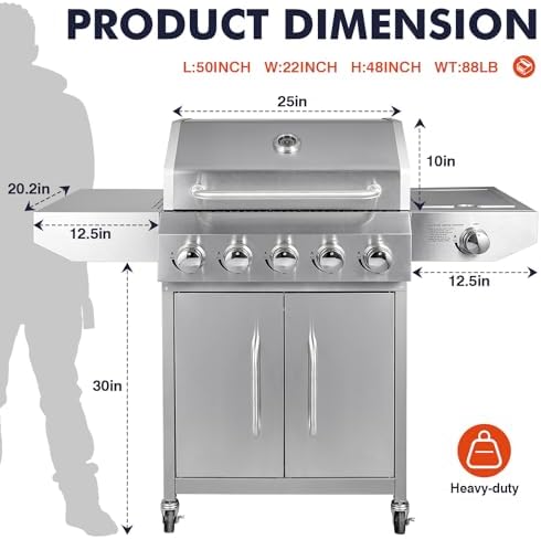 Llamaviva 5 Burner Propane Gas Grill with Side Burner,Stainless Steel BBQ Grill with Porcelain-Enameled Cast Iron Grates, 68000 BTU Cabinet-Style Cart Design for Outdoor Patio Barbecue- food clip