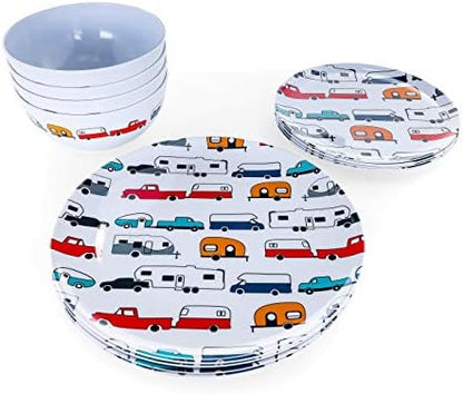 Camco Life is Better at The Campsite Dishware Set | Features a Virtually Unbreakable Melamine Construction, is Top Rack Dishwasher Safe, and has a Multicolored RV-Themed Design | 12-Piece (53297)