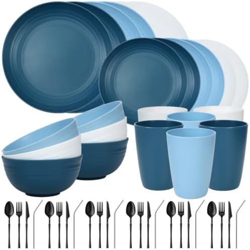 Quatish 48 Piece Plastic Plates and Bowls Sets for 6, Dinnerware Sets, Blue