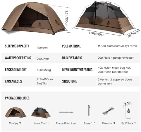 OneTigris COSMITTO 2 Person Backpacking Tent Shelter- Free Standing Lightweight Waterproof 3 Season Camping Tent for Outdoor Hiking Mountaineering