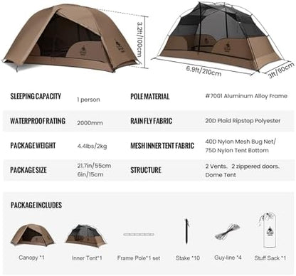 OneTigris COSMITTO 2 Person Backpacking Tent Shelter- Free Standing Lightweight Waterproof 3 Season Camping Tent for Outdoor Hiking Mountaineering