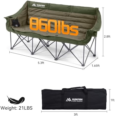 Huskfirm 3 Person Camping Chairs Folding Double Camp Chair for Adults Green