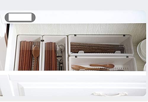 Large Flatware Tray Kitchen Drawer Organizer With Lid And Drainer - Plastic Kitchen Cutlery Tray and Utensil Storage Container with Cover - Dinnerware Holder White