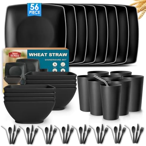 Teivio 56-piece With Flatware Kitchen Plastic Wheat Straw Square Dinnerware Set for 8, Unbreakable Dinner Plates, Snack Bowls, Tumblers 13.5 oz, Dishwasher Safe, Black