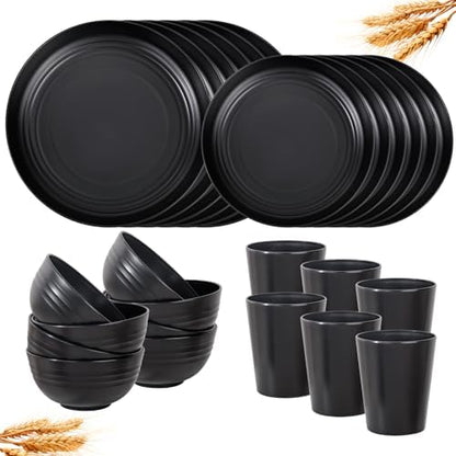 LIYH 24Pcs Black Unbreakable Wheat Straw Dinnerware Set for Kitchen Camping