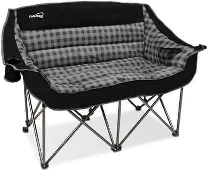 Colorsoul Double Folding Camping Chair,Fully Padded Loveseat Camping Couch,Oversized 2 Person Lawn Chair w/Cup Holder,Wine Glass Holder,Mesh Storage for Patio Picnic Beach,Support 600lbs,Black Plaid