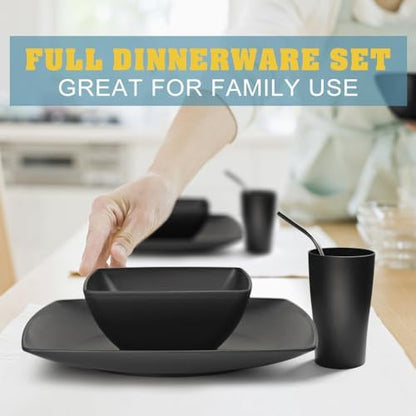 Teivio 56-piece With Flatware Kitchen Plastic Wheat Straw Square Dinnerware Set for 8, Unbreakable Dinner Plates, Snack Bowls, Tumblers 13.5 oz, Dishwasher Safe, Black