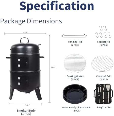 16 inch Vertical Charcoal Smoker, Mini BBQ Grill, Fire Pit, 3-in-1 with Built-in Thermometer, Adjustable Air Vent, Idea for Parties, Backyard, Patio, Camping