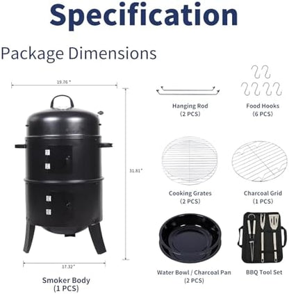 16 inch Vertical Charcoal Smoker, Mini BBQ Grill, Fire Pit, 3-in-1 with Built-in Thermometer, Adjustable Air Vent, Idea for Parties, Backyard, Patio, Camping