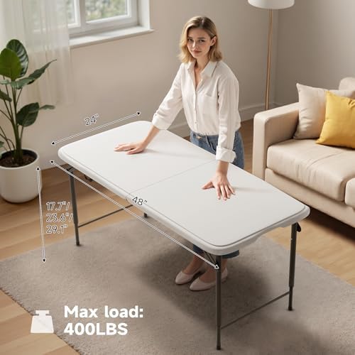 Folding Table 4 Foot - 3-Position Adjustable Height, Heavy Duty 400 lbs Capacity - Portable Tables Folding for Camping, Party, Indoor & Outdoor Use, 2 Pack