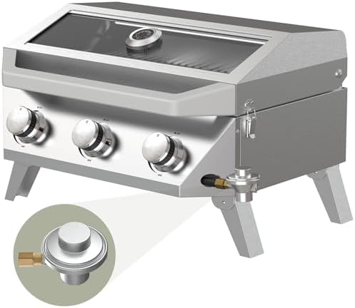 BESTFIRE Portable Propane Grill, 3-Burner Tabletop Gas Grill with 2-in-1 Connection for 1lb/20lb Tanks, 30,000 BTU Stainless Steel BBQ with Observation Window & Thermometer for Outdoor, Tailgating