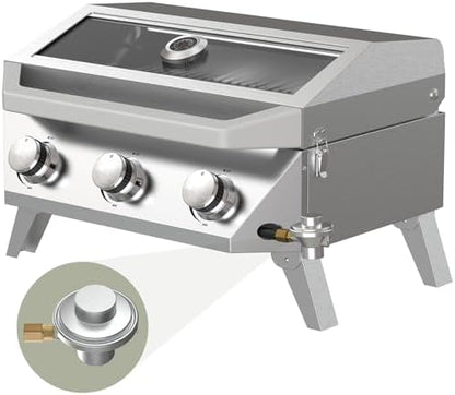 BESTFIRE Portable Propane Grill, 3-Burner Tabletop Gas Grill with 2-in-1 Connection for 1lb/20lb Tanks, 30,000 BTU Stainless Steel BBQ with Observation Window & Thermometer for Outdoor, Tailgating