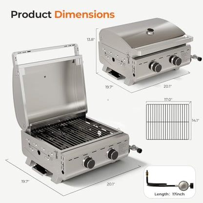 Electactic 20,000 BTUs Portable Tabletop Gas Grill, 2-Burner Propane Grill with Foldable Legs, 251 Sq.in Cooking Area, Stainless Steel BBQ Grill for Easy Assemble & Clean, Ideal for Outoor/RV/Patio