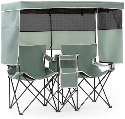 Double Beach Chair with Canopy Shade Oversized Camping Chairs with Canopy, Cooler Bag & Cup Holder Folding Loveseat for Camp Fishing Beach