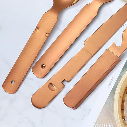 Camping Silverware Copper/Rose Gold Flatware Stainless Steel Eating Utensils Set Travel Portable Knife Fork Spoon Bottle Opener 4 Pieces Multi-functional Durable