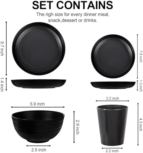 LIYH 24Pcs Black Unbreakable Wheat Straw Dinnerware Set for Kitchen Camping