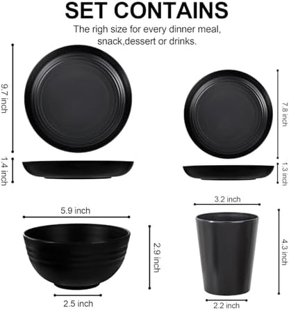 LIYH 24Pcs Black Unbreakable Wheat Straw Dinnerware Set for Kitchen Camping