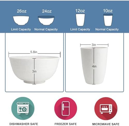 Wrova Wheat straw bowl and plate sets of 40 with cups for kids - Unbreakable plastic dinnerware sets service for 8 - Microwave and Dishwasher safe dish sets for kitchen and camping. White