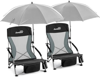 Folding Beach Chair with Umbrella for Adults, 2 Pack Portable Low Beach Chairs with 300lbs Capacity, Lightweight Fodable Camping Chair for Travel, Picnic, Concert & Outdoor Activities, Black-Grey