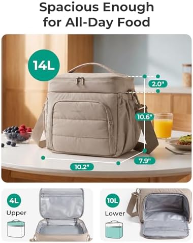 BAGSMART Puffy Insulated Lunch Bag, Lightweight Large 14L Double Deck Lunch Box for Women, Soft Cooler Tote for Office Work Travel Camping (Delicate Sage Green, 14L)