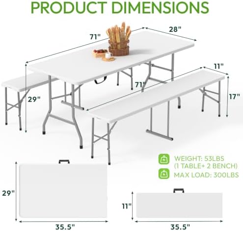Folding Table Picnic Table Set with 2 Benches, 6 ft Camping Table Chair Set