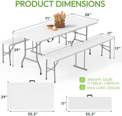 Folding Table Picnic Table Set with 2 Benches, 6 ft Camping Table Chair Set
