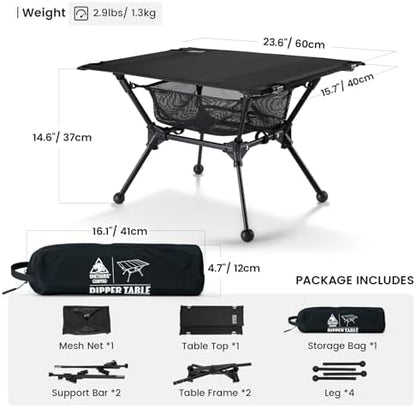 ONETIGRIS Dipper Camping Table, Lightweight Portable Folding Table with Mesh Storage Net, High/Low Options, Ideal for Camping, Hiking, Tailgating, Beach, Picnic, Travel, Backyard