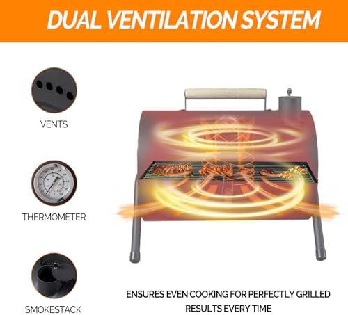 VINGLI Portable Charcoal Grill with Thermometer & Wooden Handle, Multi-functional Metal Compact Tabletop BBQ Outdoor Charcoal Grill for Camping Travel Picnic Patio