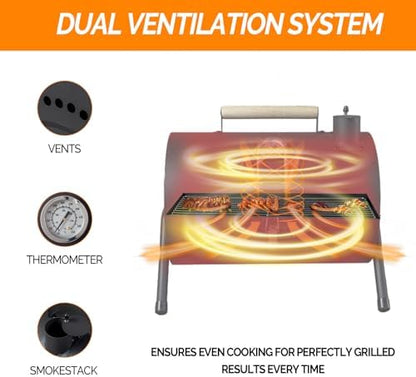 VINGLI Portable Charcoal Grill with Thermometer & Wooden Handle, Multi-functional Metal Compact Tabletop BBQ Outdoor Charcoal Grill for Camping Travel Picnic Patio