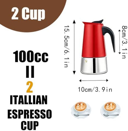 2 Cup Stovetop Espresso Maker Stainless Steel Moka Pot Stove Top Percolator Italian Coffee Makers Capable Mocha Greca Machine Cafe Classic Induction Cookers for Home and Camping 100ml 3.3oz
