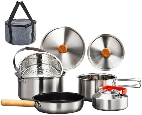 Bonnlo Camping Cookware Set, Lightweight Stainless Steel Nesting Cooking Mess Kit with Carrying Bag for 4-6 Campfire Cooking,Camp Kitchen, Outdoor