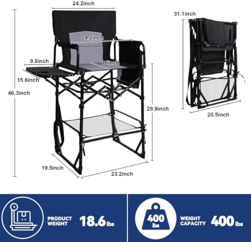 Romswi 2 Pack 30" Extra Tall Folding Camping Chairs, Heavy Duty Director Chairs with Side Table, Cup Holder & Storage Pocket, 400 LBS Support, Portable Outdoor Chairs for Camping, Sports, Black