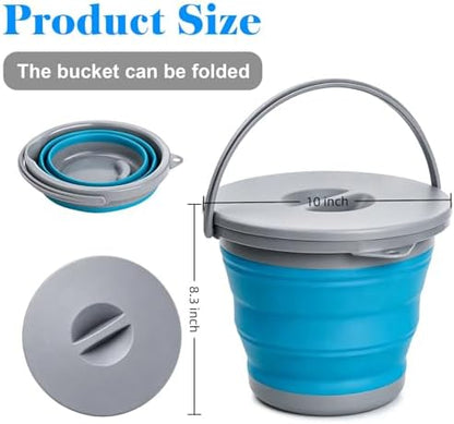 Bekith 2 Pack Collapsible Plastic Bucket with Locking Lid, 5L / 1.32 Gallon Foldable Round Tub Portable Fishing Water Pail for Hiking, Backpacking, Camping and Outdoor Survival (Blue, Gray)