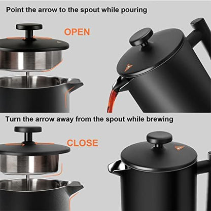 Secura French Press Coffee Maker, 304 Grade Stainless Steel Insulated Coffee Press with 2 Extra Screens, 34oz (1 Litre), Black