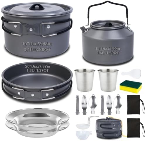 22-Piece Large Camping Cookware Set, 3.3L Pot & Kettle