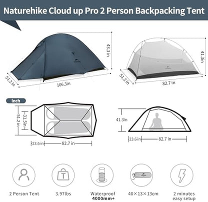 Naturehike Cloud-Up 2 Person Tent Lightweight Backpacking Tent with Footprint - Free Standing Ultralight Camping Hiking Backpack Tents Two Person Tent