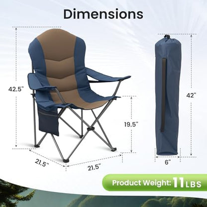 2 Pack Folding Camping Chairs for Adults - High Back Padded Outdoor Lawn Chairs with Lumbar Support & Cup Holder, 400lbs Heavy Duty Portable Camping Chairs Set (Blue & Brown, 2 PCS)
