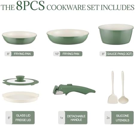 Ceramic Cookware Set Non Stick 8Pcs Pots and Pans Set Detachable Handle Induction Kitchen Cooking Set with Frying Pans Oven Dishwasher Safe, PFAS/PFOA Free, Forest Green