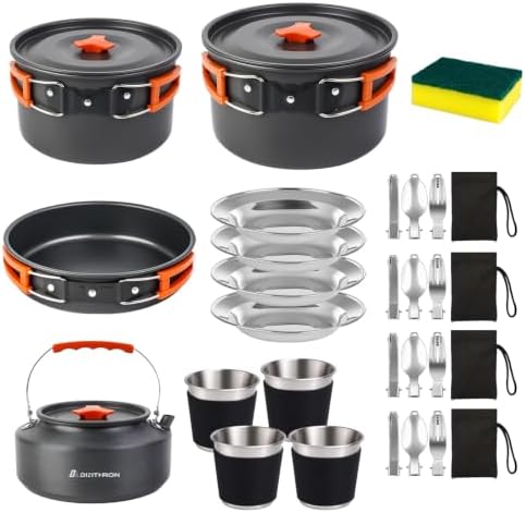 34PC Camping Cookware Set for 5-7, 2 Pots, Frying Pan & Kettle