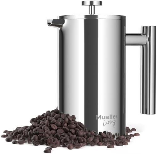 MuellerLiving French Press Coffee Maker 20oz, Stainless Steel French Press Coffee, 4 Filter Heat Resistant Double Insulated, Rust-Free, Food Grade, Dishwasher Safe Coffee Pot