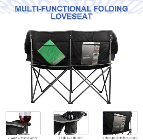 Oversized Double Camping Chair-Heavy Duty 2 Person Folding Loveseat Camp Couch for Adults,Portable Outdoor Lawn Chairs with Padded Seat for Fishing,Sports and Patio,Supports 500 LBS,Black