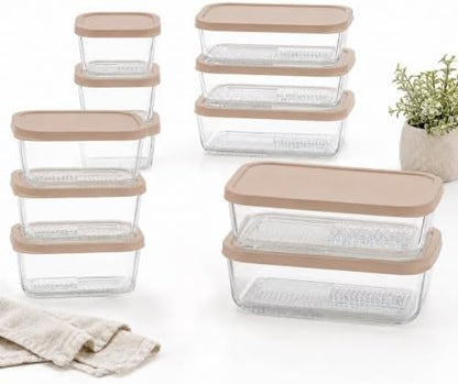 Glass Food Storage Containers with Lids - 22 Piece - 10.5 oz, 17.6 oz, 25.4 oz & 57.5 oz Sets Glass with BPA-Free Leak Resistant Stackable Lids - Microwave, Oven & Dishwasher Safe - Cashew Cream