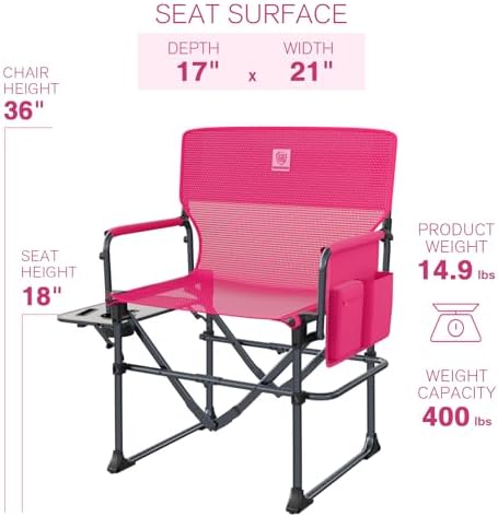EVER ADVANCED Camping Directors' Chair with Side Table, Portable Folding with Compact Size, Breathable & Quick Dry Design Heavy Duty Lawn Chair with Pocket, 400lbs, Textilene Mesh, Pink